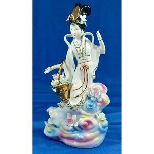 Vintage Delicate Porcelain Geisha Goddess Standing on Cloud With Flower Basket